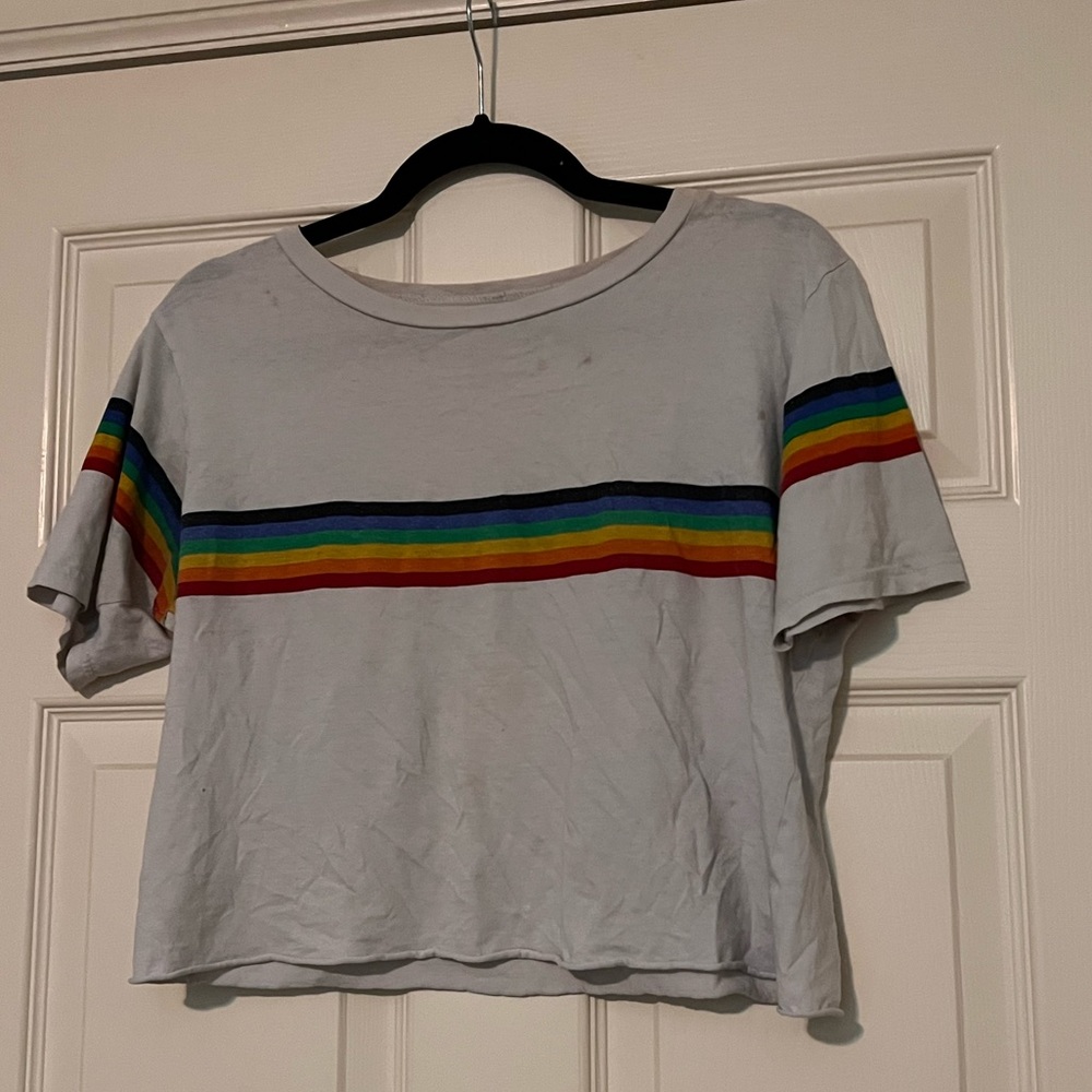 On fire white crop top with rainbow stripe size L